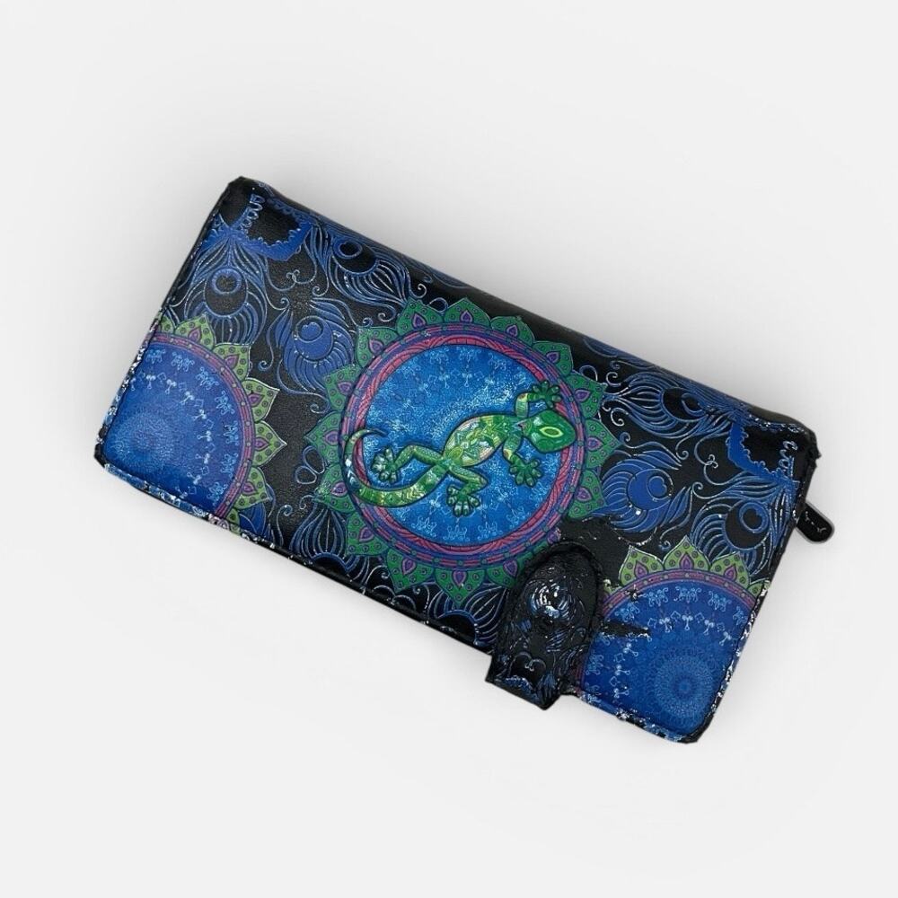 Shagwear Blue & Green Lizard Mandala Faux Leather Clutch Wallet